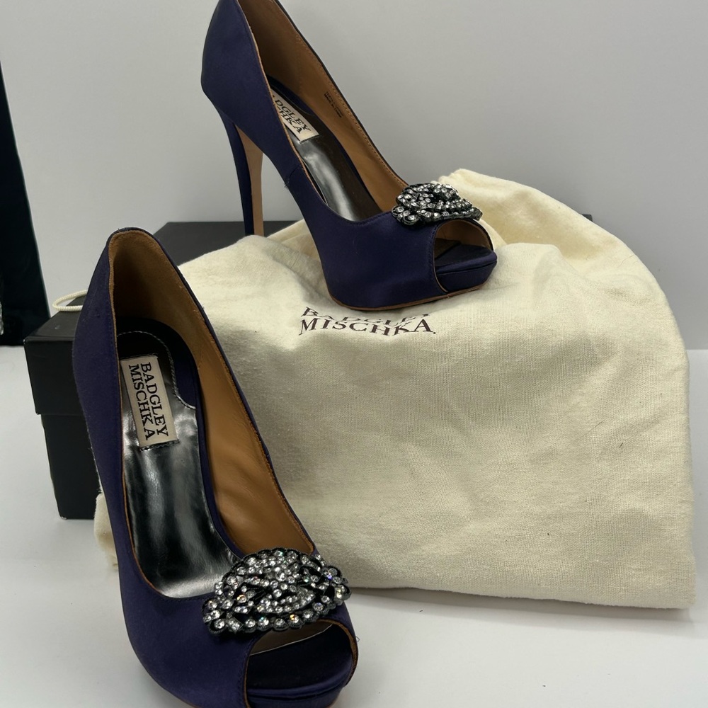 Badgley Mischka Purple Satin “Goodie” Rhinestone Heels